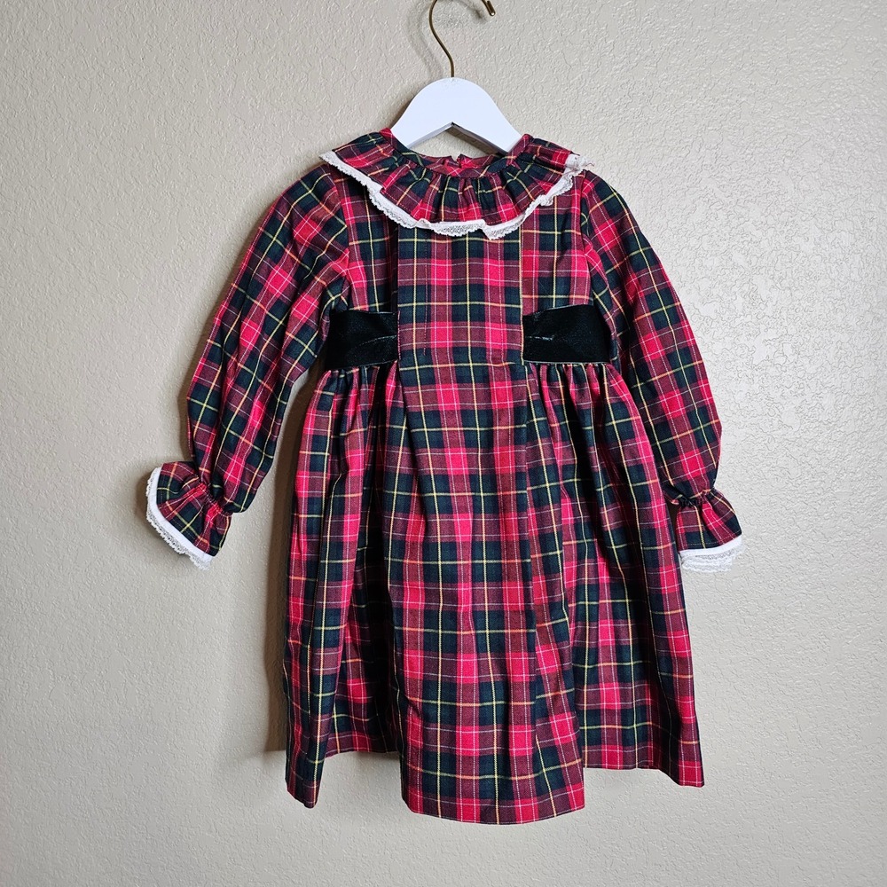 Pepa London Girls Red Tartan Plaid Holiday Dress Velvet Bow Lace Trim Size 4